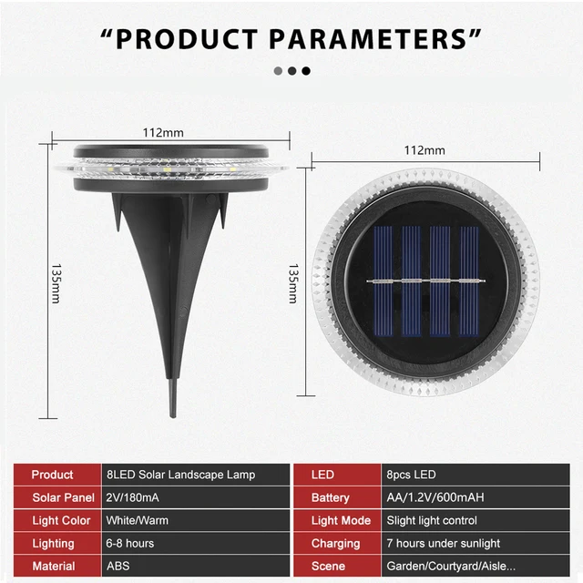 2 Csomagok Napelemes Út Könnyű Kültéri Ip65 Vízálló Táj 8 Kerti Földi Lámpa A Gyep Dekorációhoz - Image 6