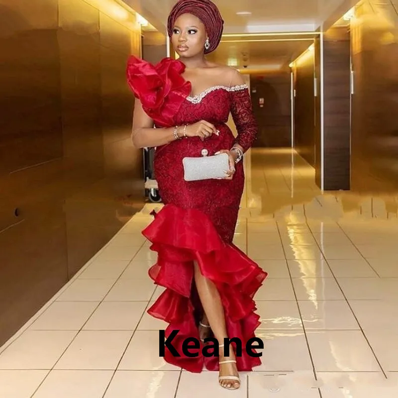 

Burgundy Aso Ebi South African Evening Dresses Mermaid One-shoulder Lace Slit Nigeria Evening Gowns Party Dress Robe de soiree