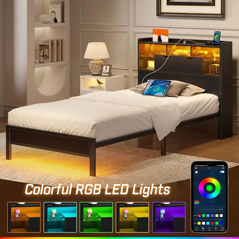 Rolanstar Twin Bed Frame with LED Headboard Underbed Storage Metal Platform Bed with Charging Station and Glass Panels 4