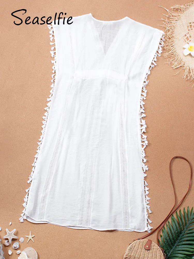 SEASELFIE v 넥 술 비키니 커버 여성용 화이트 드로우 스트링 허리 루스 비치 Kaftan 2024 Holiday Midi Dress Beachwear