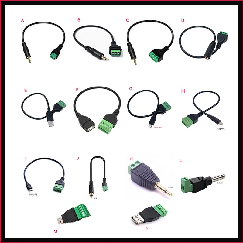 USB-Buchse, Mini-USB-Typ-C-RCA-Stecker auf Buchse, Schraubklemme, Stereo-Klinkenstecker, Adapterkabel, 3,5 mm, 6,5 mm Pfosten – Detail 2