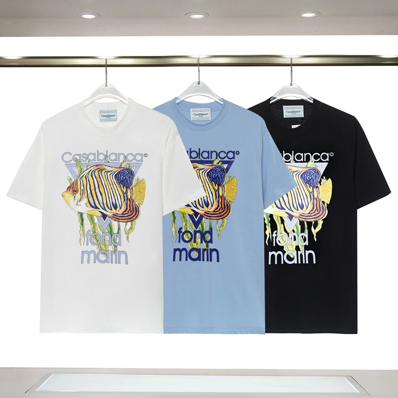 

Top version CASABLANCA T-shirts 3D Digital Marine Fish Print Tops Loose Tshirts for Men Women