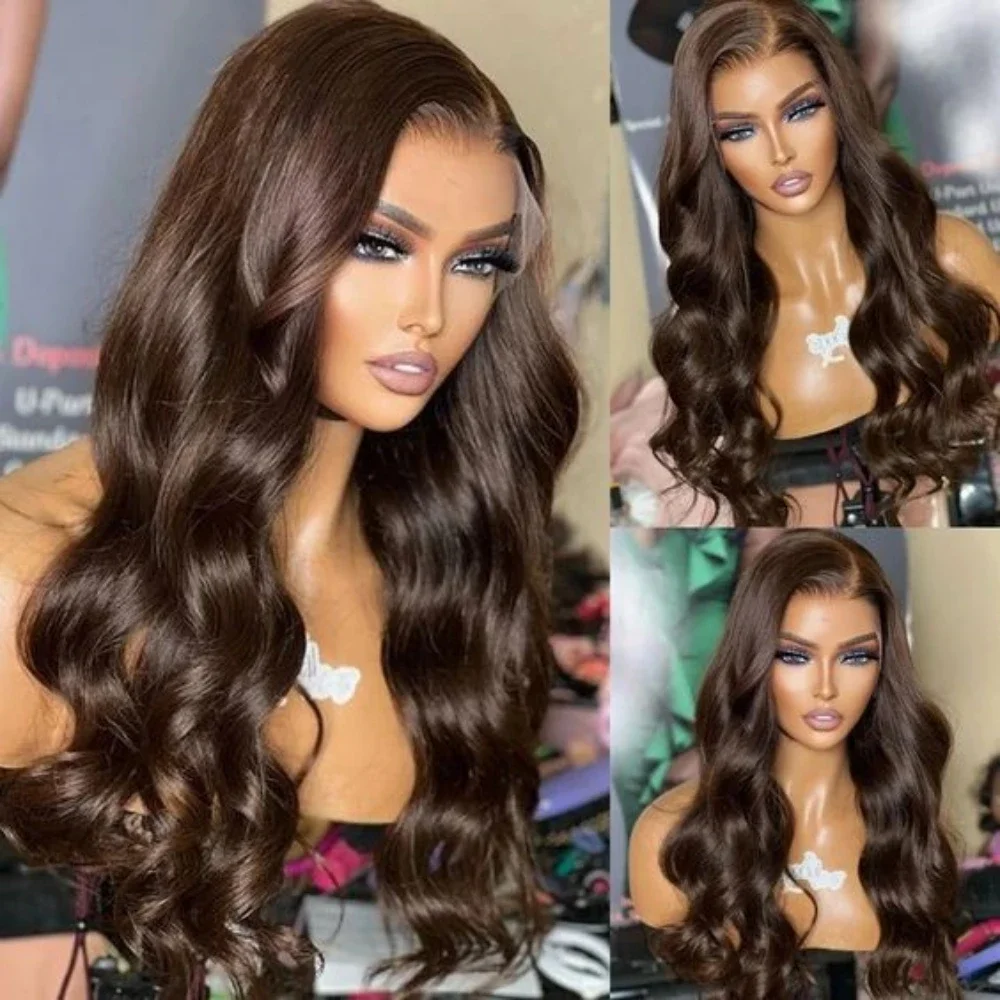 Dark Brown Synthetic 13X4 Lace Front Wigs Chocolate Long Deep Brown Lace Frontal Pre Plucked With Baby Hair 180% Density Fiber