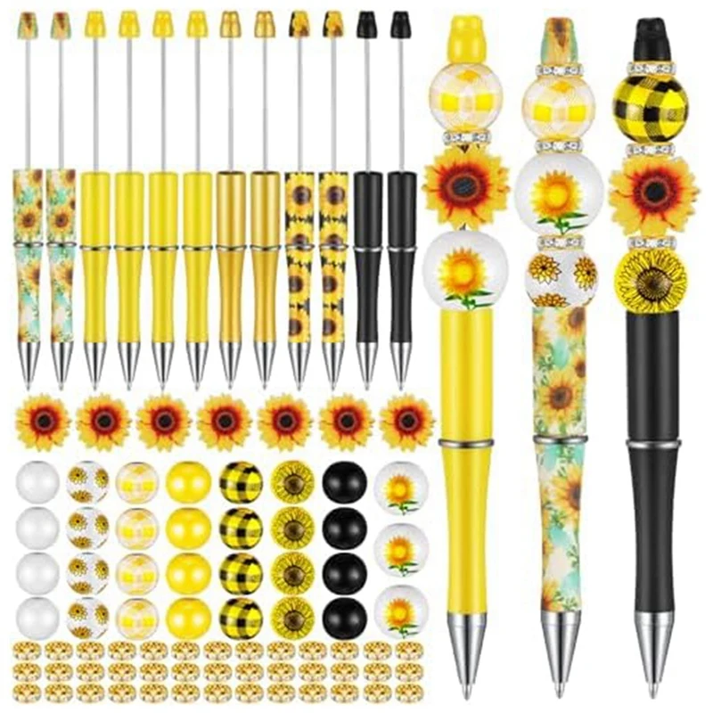 

12 Pack Plastic Beadable Pens Assorted Bead Pens Wood Beads Crystal Spacer Beads Set Round Beads Black Ink Ballpoint Pen Durable