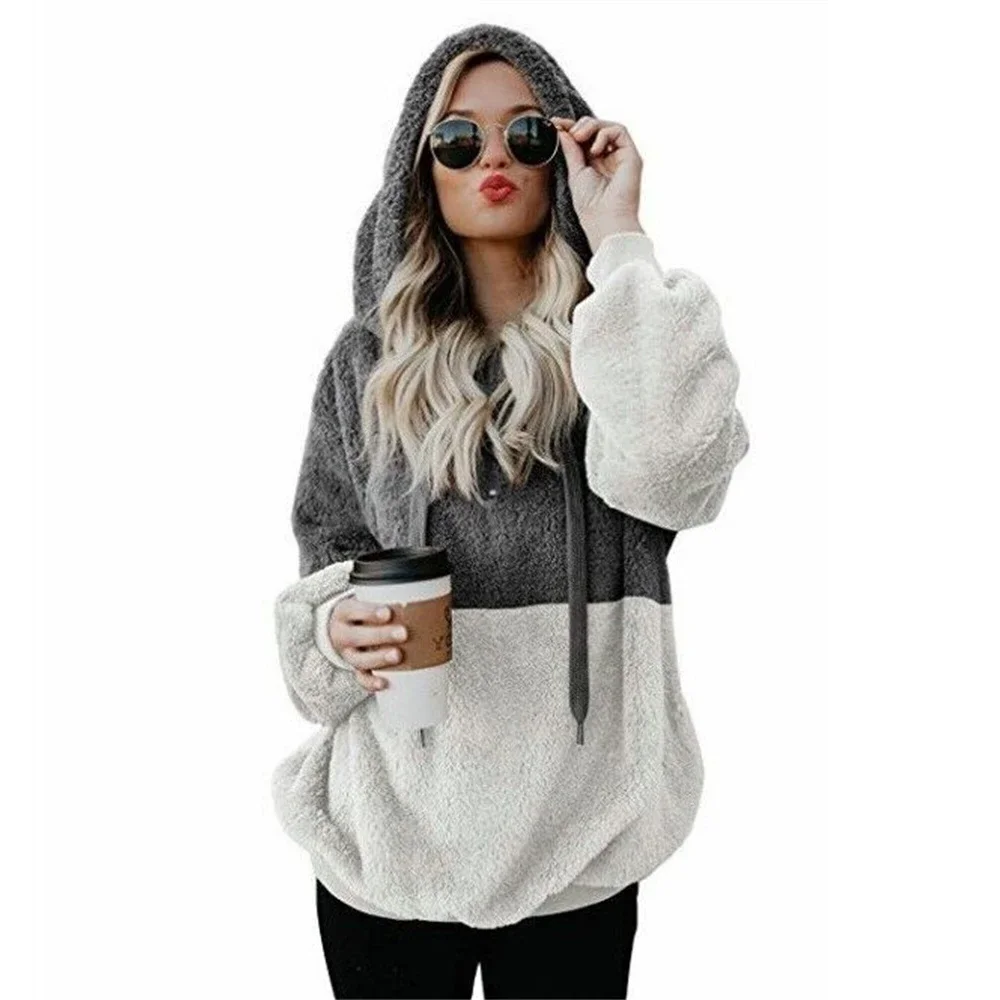 2023 Winter Female Fashion New Winter Long Sleeve Hooded Color Block Women's Sweater Fleece Jacket Women Pullover Streetwear