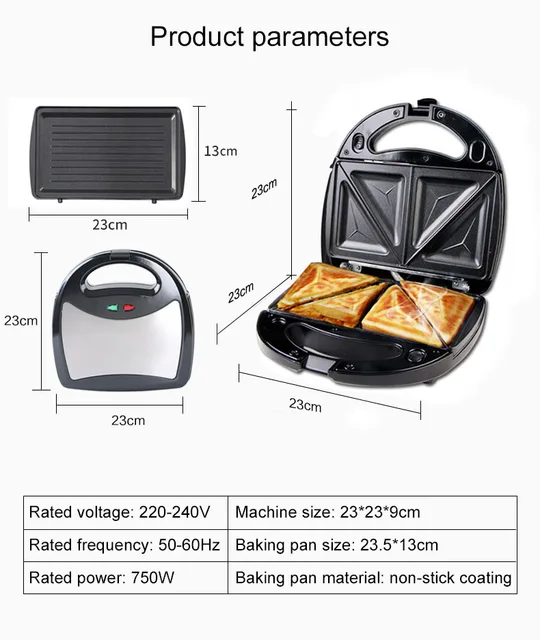  Kitchen & Dining, VonShef 220 240 Volts 3 in 1 Sandwich/Panini  Maker, Waffle Iron & Grill with Removable Plates - 700W - Stainless Steel, Bundled W/Dynastar Plug Adapters