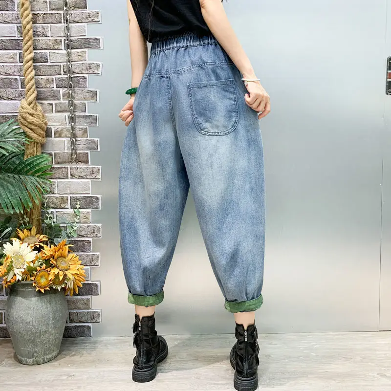 Women's Spring and Autumn Retro Distressed Spliced Hole Tasselled Elastic High Waist Loose Versatile Pockets Denim Harlan Pants