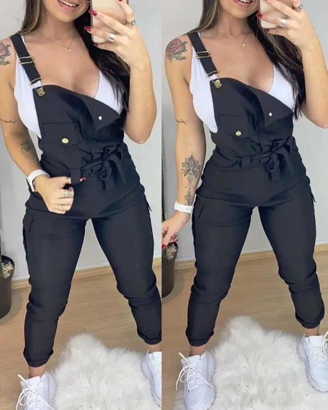 

Women's Fashion Pocket Design Suspender Jumpsuit 2023 Summer European & American OTTD Plain Casual Thick Strap Skinny Jumpsuits