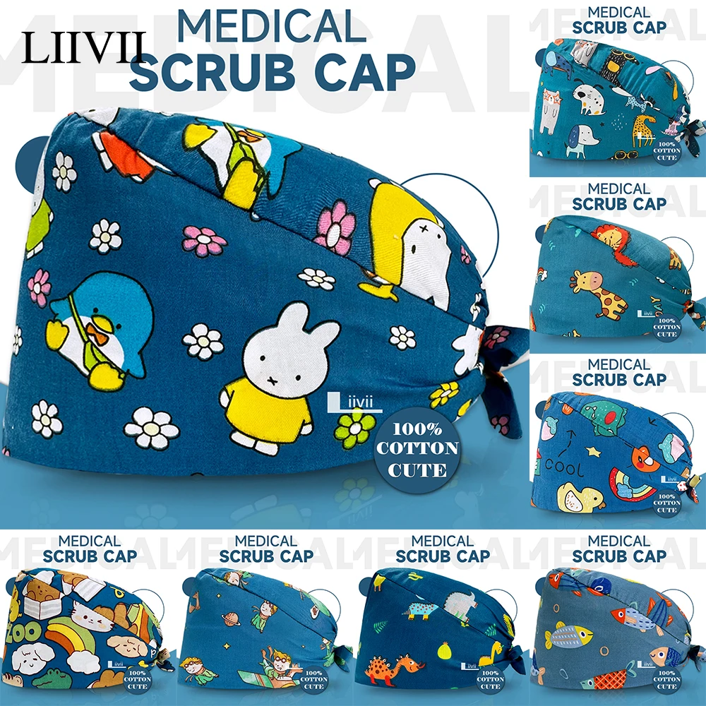 

Women Men Scrubs Cap Medical Nurse Doctor Surgical Caps 100% Cotton Cartoon Print Pet Shop Chef Lab Work Hat Nursing Accessories