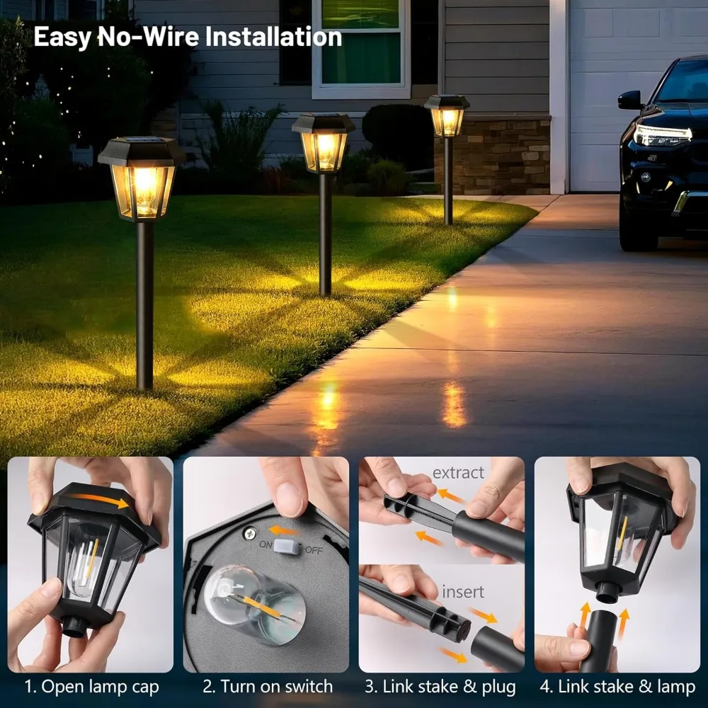 Solar Pathway Lights Outdoor 8 Pack Solar Lights Outdoor Waterproof with 3000K Tungsten Filament Bulb 6