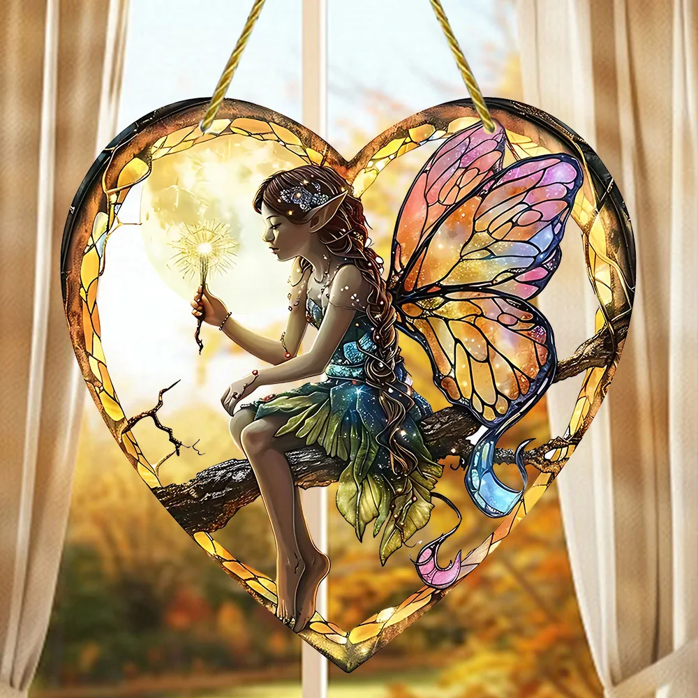 New Colorful Fairy Angel Art Flower Suncatcher Stained Window Hanging Heart Shape Acrylic Pendant For Home Garden Yard Ornament