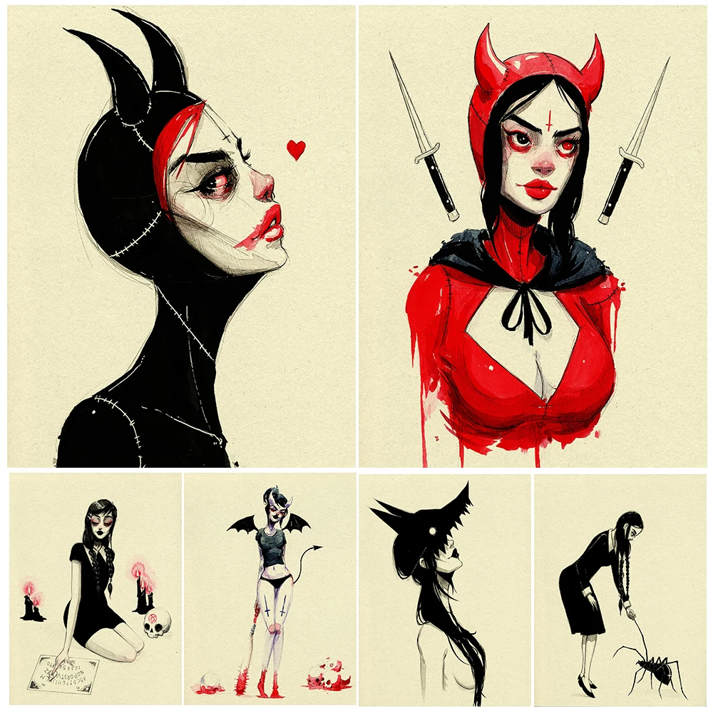 

The Little Devil In Red And The Little Devil In Black Vintage Wall Art Canvas Painting Gothic Devil Girl Art Poster Print Decor