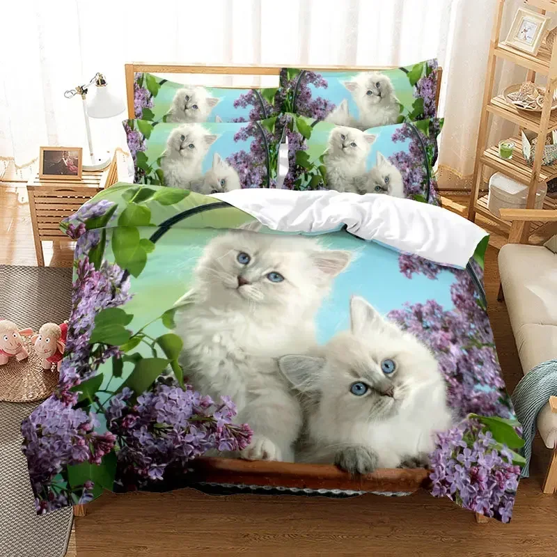 Cat Duvet Cover Set Cute Kitty Theme Bedding Set for Kids Girls 2/3pcs Single Double Queen King Size Comforter Cover Bedclothes