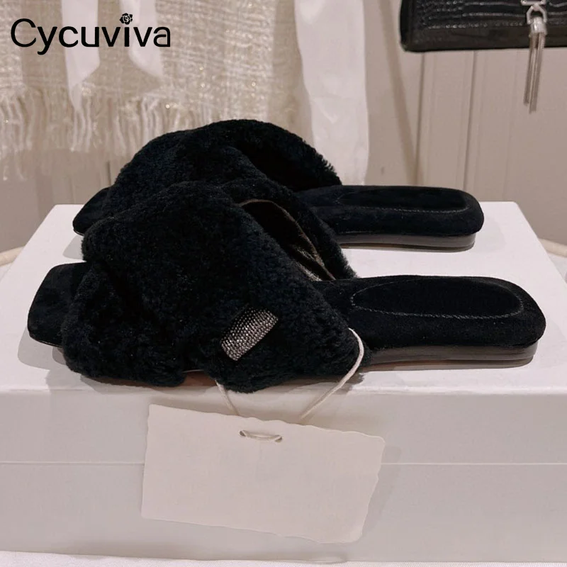 

2023 Spring Brand Fur Cross Half Slippers Women Open Toe Casual Flat Mules Shoes Designer Party Beach Walking Shoes For Women