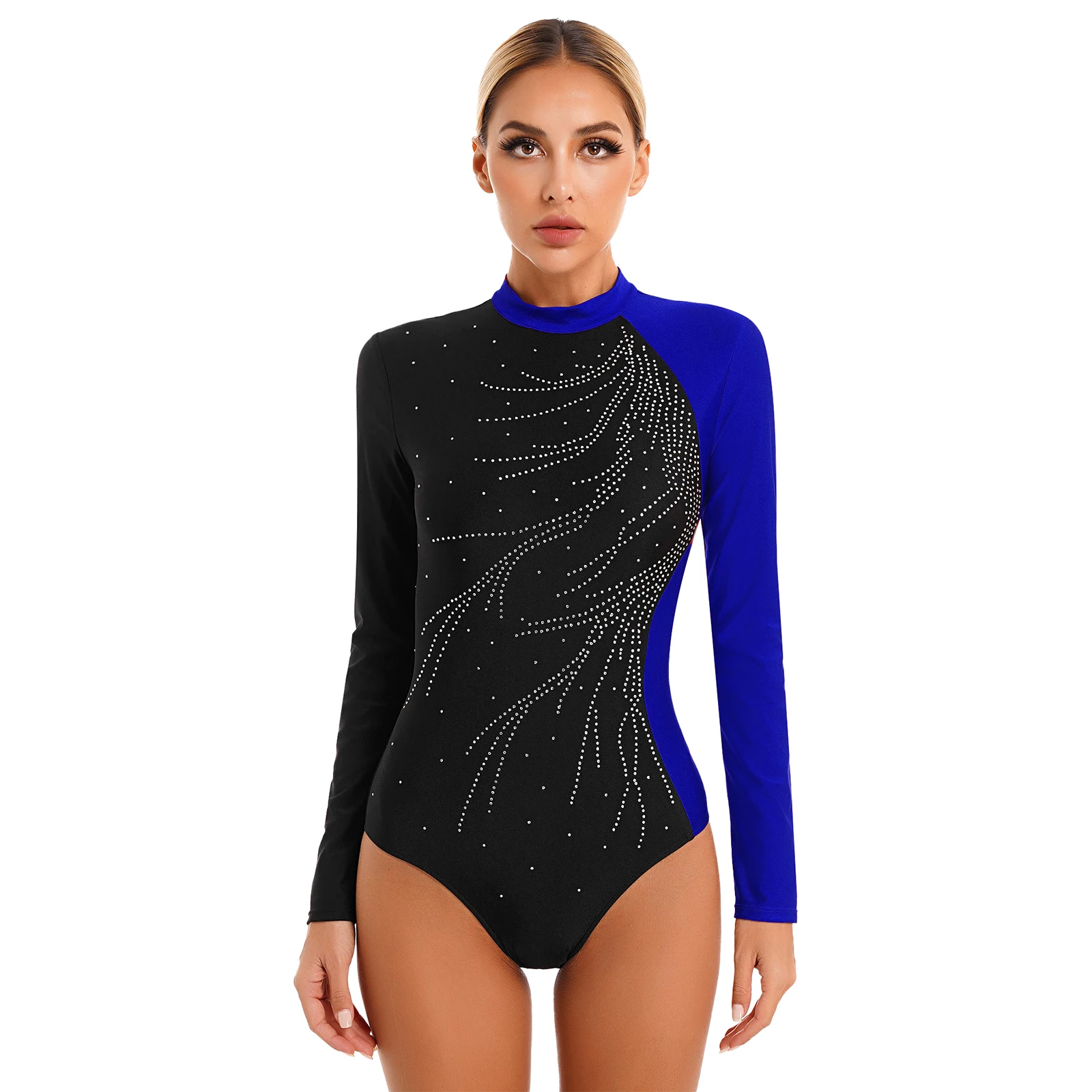 

Womens Glitter Shiny Color Block Ballet Dance Leotard Long Sleeve Mock Neck Gymnastics Yoga Workout Bodysuit for Dancing Skating