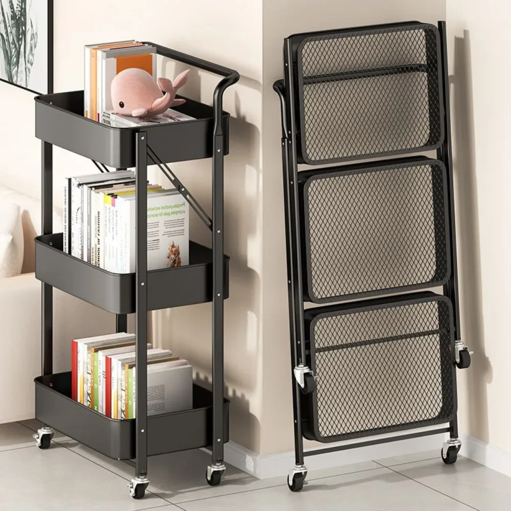 Folding Storage Trolley Rack Kitchen Bathroom 3 Storey Snacks Shelving Bedroom Mobile Trolley Storage Rack Organizer Carts
