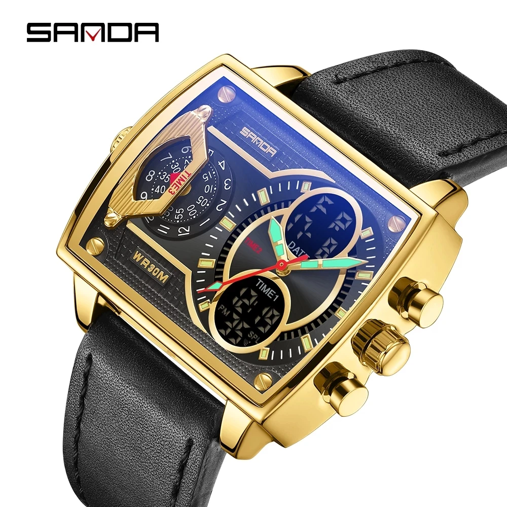 SANDA 2023 New Luxury Mens Watches Top Brand Fashion Digital Quartz Dual Display Wristwatch For Men Clock Relogio Masculino 6032