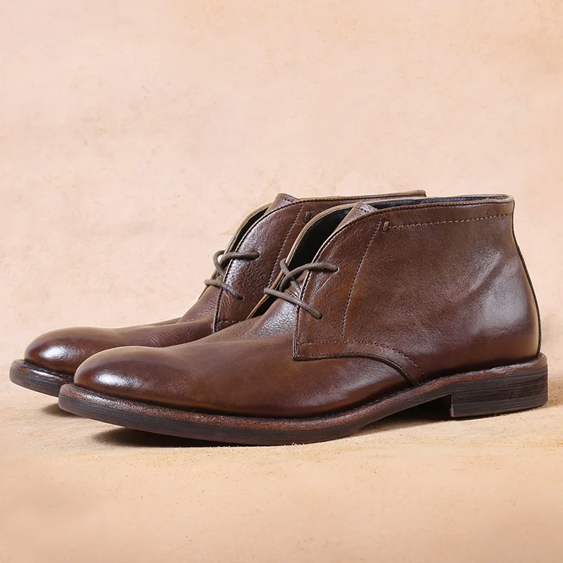 

Hand-made Sewing Business Leather Shoes Men Mid Top Genuine Leather British Autumn Goodyear Shoes High Top Retro Shoes Boots Men