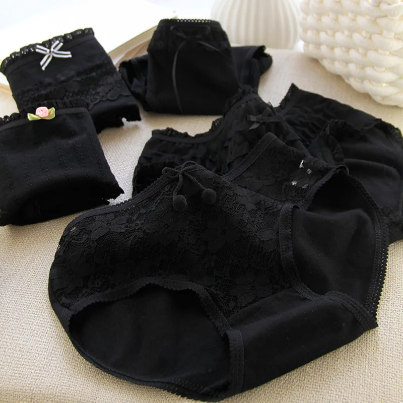 

Cotton Panties Bow Sexy Black Lace Panties Women's Underwear Mid Waist Panties For Girls Briefs Female Ladies Pantys Shorts M-XL
