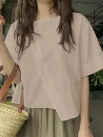 ZANZEA Women Oversize Bluse Summer Chic Irregular Short Sleeve Shirts Korean Fashion Round Neck Harajuku Tops Casual Loose Tunic - Image 3