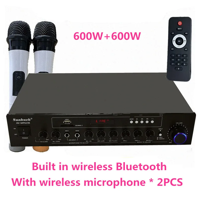 

AV-MP619E 600W*2 2.0 Channel Stereo Wireless Microphone Built-in Bluetooth Remote Control Karaok Home Theater Audio Amplifier