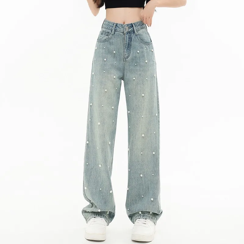 

2023 New Summer Women Casual High Waist Cotton Denim Full Length Pants Button Fly Waist Beading Design Loose Straight Jeans V675