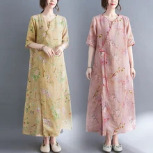 

2022 chinese cheongsam qipao dress traditional flower print elegant short sleeve women long casual dress