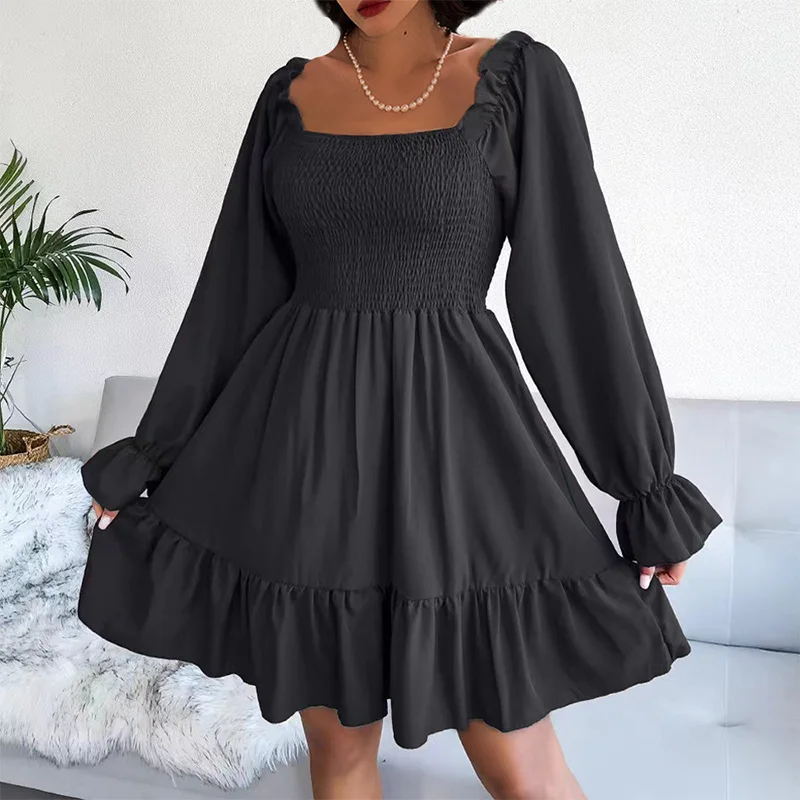 Spring Summer Square Neck Solid Color Flare Long Sleeved Pullover Casual Pleated Ruffles Hem A-line Plus Size Knee Length Dress