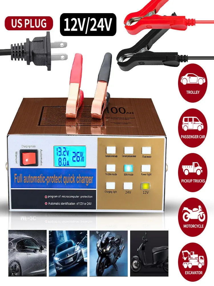 

Smart Automatic 12V/24V Car Storage Battery Charger LCD 5-Stage Intelligent Pulse Repair for Lead Acid Dry&Wet Battery 6-100AH