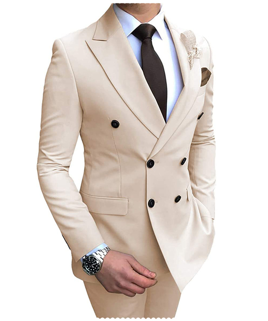 2024 New Beige Men's Suit 2 Pieces Double Breasted Notch Lapel Flat Slim Fit Casual Tuxedos For Wedding(Blazer+Pants) - Beige, XS