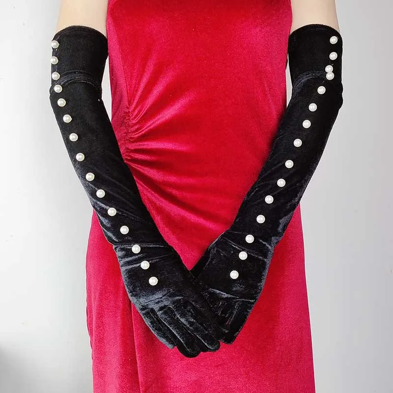 

Women Halloween Makeup Party Cosplay Full Finger Warm Black Mitten 55CM Long Sticky Pearl Gold Velvet Dinner Dress Dance Glove