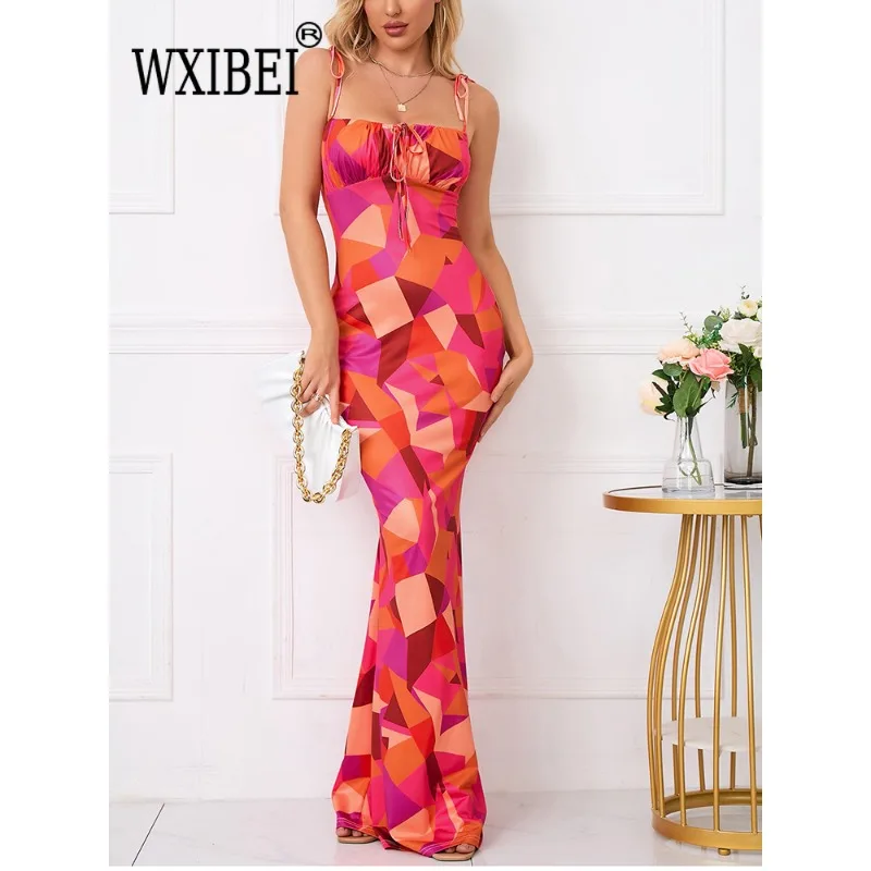 

WXIBEI Print Red Dress Women Vintage Camisole Maxi Dress Summer Tie Up Long Robe Retro Sexy Party Vestido New Fashion 2023 FC900