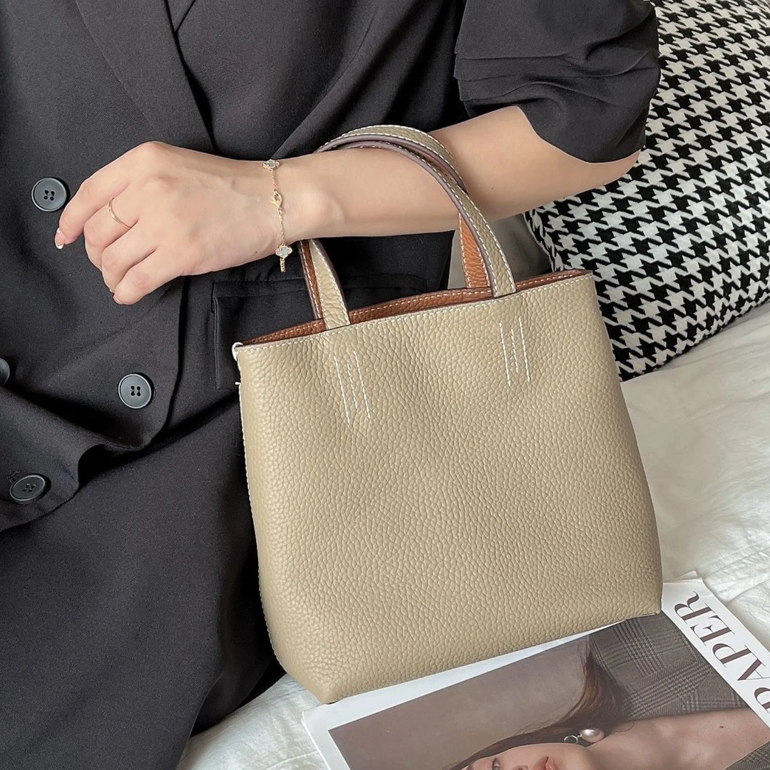 Double Sided Leather Tote Bag Small Shopping Bag Single Shoulder Crossbody Bag Handbag Women's Soft Top Layer Cowhide