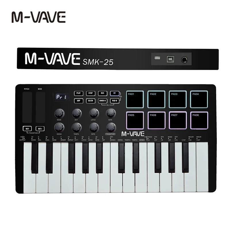 M-VAVE Portable MIDI 25-Key USB MIDI Keyboard Controller with 8 Backlit Drum Pads 8 Knobs RGB Music Keyboard Instruments