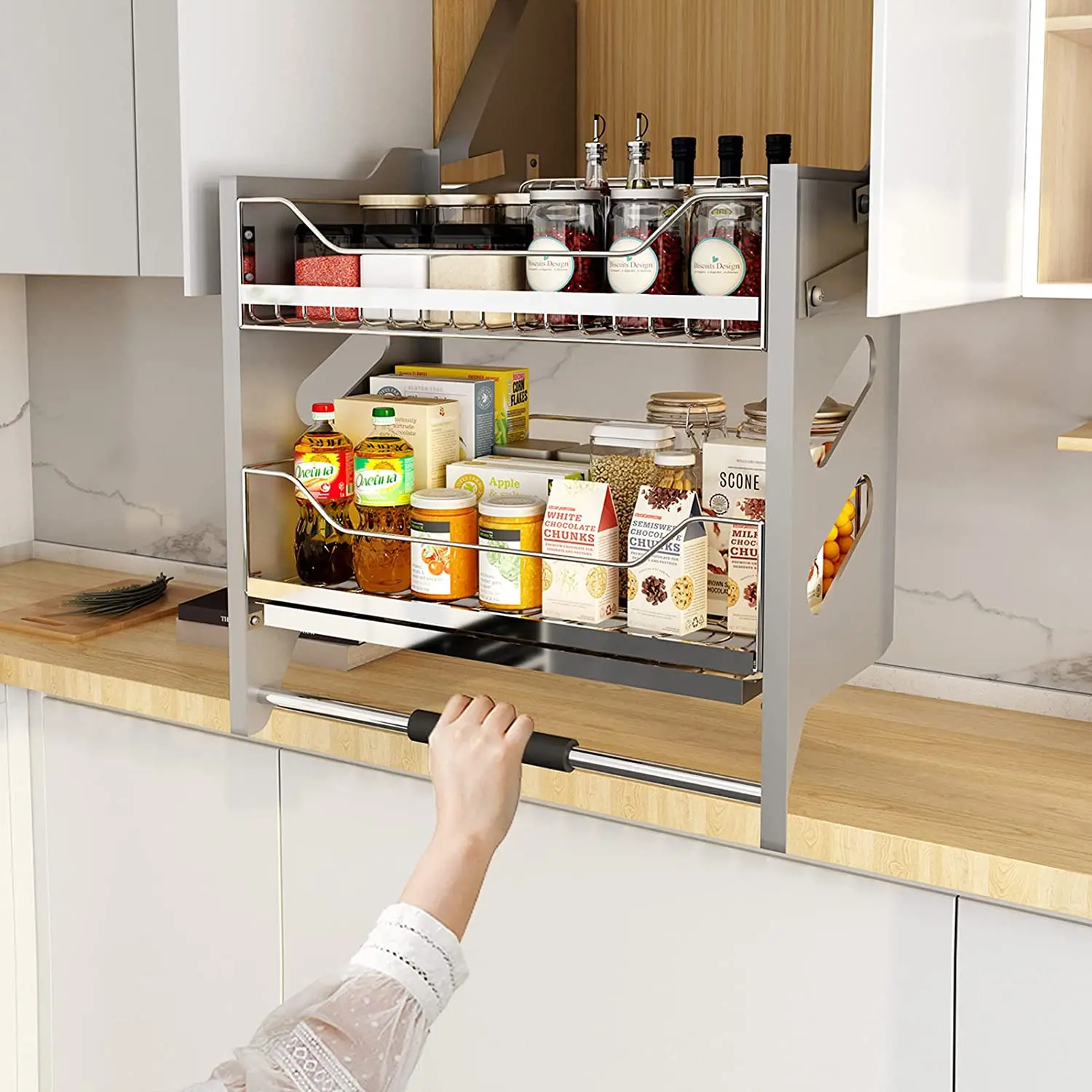 Double Layered Kitchen Basket, Thickened Stainless Steel, Lifting and Lowering Cabinet Storage Rack, Dual Level Setting