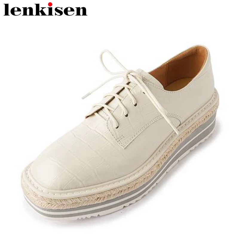 

Lenkisen Oriental Cow Leather Med Heel Superstar Spring Brand Shoes Thick Bottom Ins Cross-tied Formal Leisure Brand Women Pumps