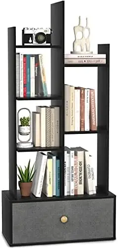 

Shelf with 2 Drawers Free Standing Bookcase, Office Storage Shelf Organizer with 12 Open Bookshelf, Industrial Wood Book Case Di