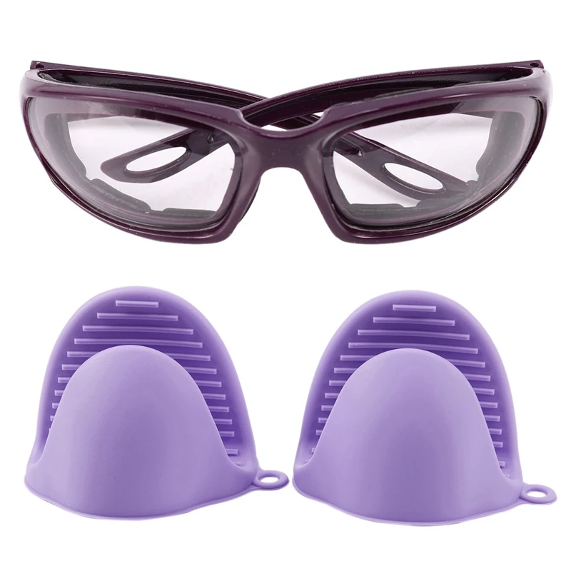 

2X Oven Mini Mitts Silicone Heat Resistant Anti-Scald Gloves Purple & 1X Tears Free Onion Chopping Goggles Glasses
