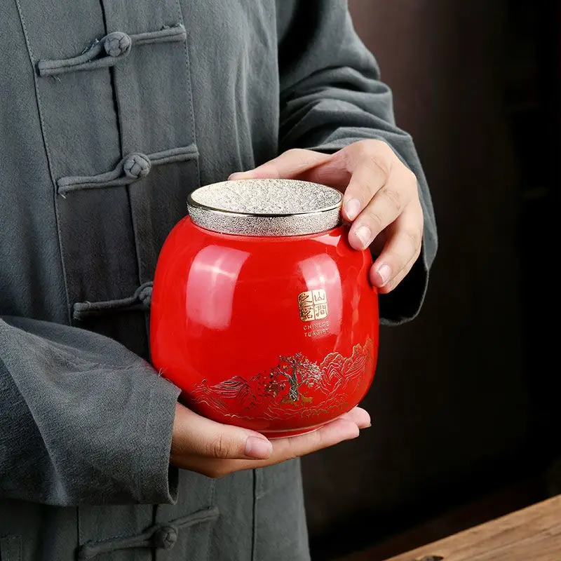 Creative Red Wave Ceramic Tea Caddy with Lid Sealed Moisture-proof Storage Container Coffee Bean Candy Jar Desktop Decoration 3