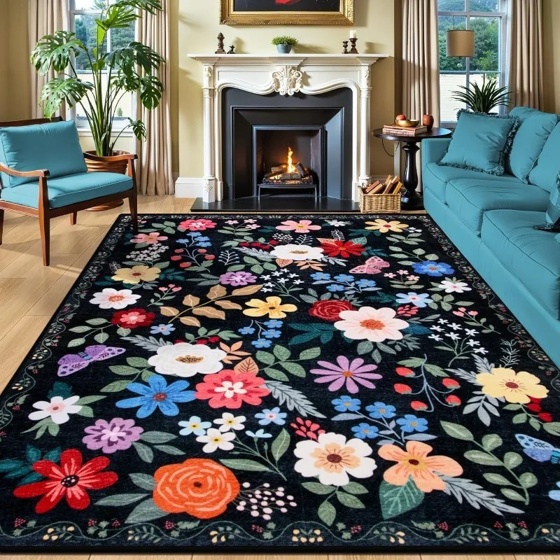 Floral Living Room Carpet American Country Machine Washable Non-slip Bedroom Soft Rug Home Decoration SofaCoffee Table Mat Tapis