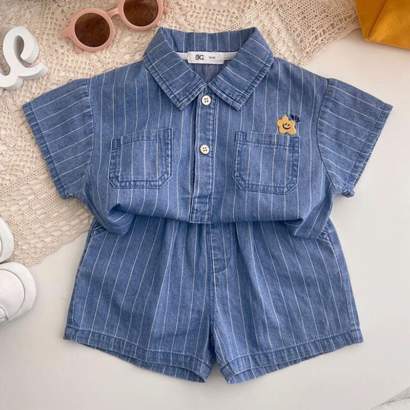 baby clothing set red	 Boys and girls short-sleeved denim shirts cardigan tops children's suits summer baby girl shorts suits fashion two-piece suit baby clothes in sets	