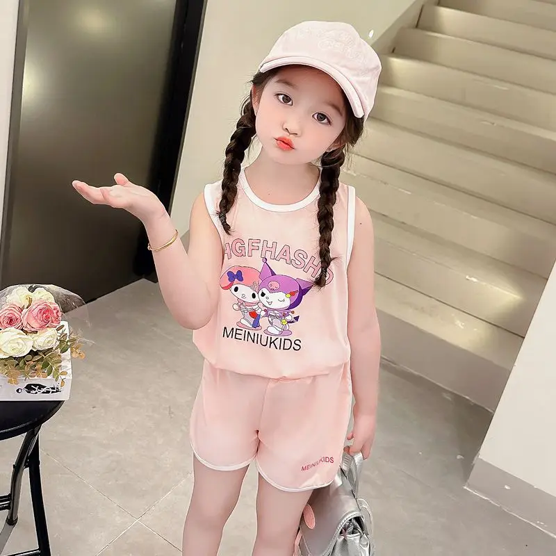 

Summer Kuromi Anime Kawaii Sanrio Cotton Sleeveless Shirt Pants Set Cute Cartoon My Melody Hooded Vest Clothing Gifts for Kids