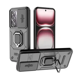 Slide Lens Protect Armor Phone Case with Magnetic Ring Holder Stand - Enhanced Back Cover for Reno 12 5G (Black)