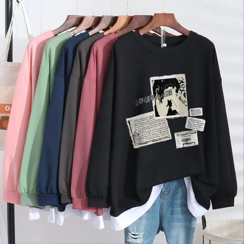 

Fashion Women Streetwear Round Neck Pullover Women Long Sleeve Designer Harajuku Printing Fake Two Pieces Sweatshirt Top