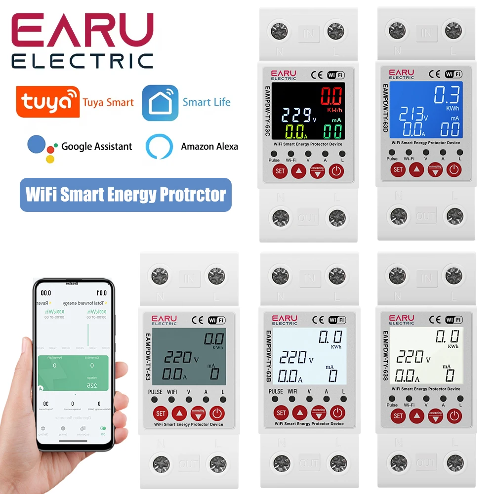 2P 63A 230V Tuya WiFi Smart Energy Meter Power kWh Meter Earth Leakage Over Unde
