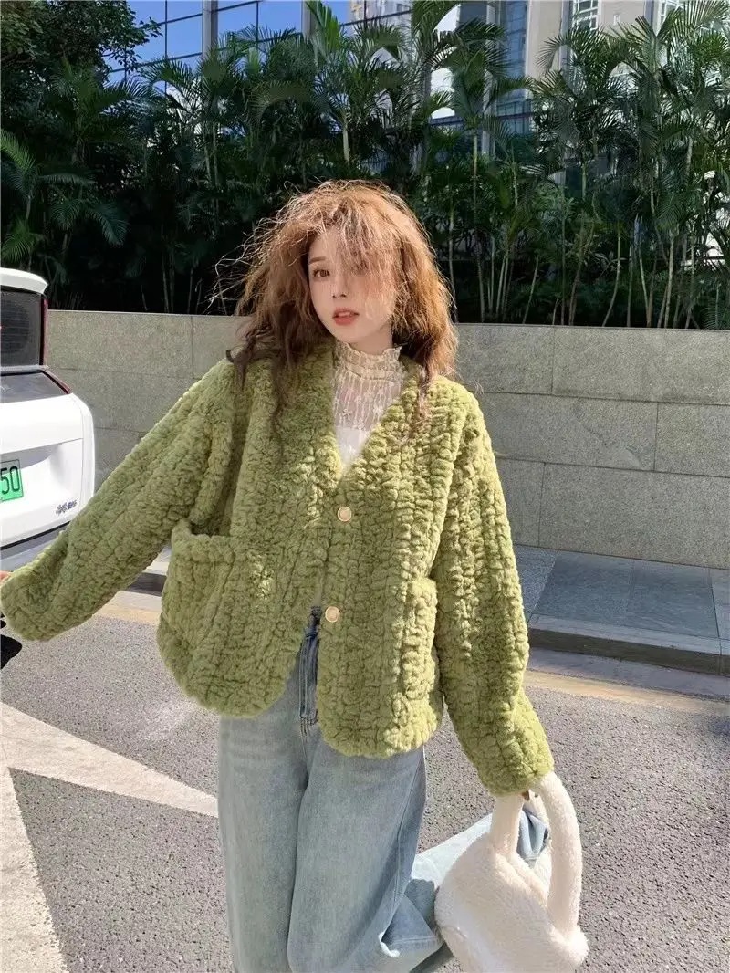 Women Lamb Wool Faux Fur Coat Winter Thickening Warm Loose Casual Jacket High-Quality Turn-Down Collar Single Breasted Overcoat