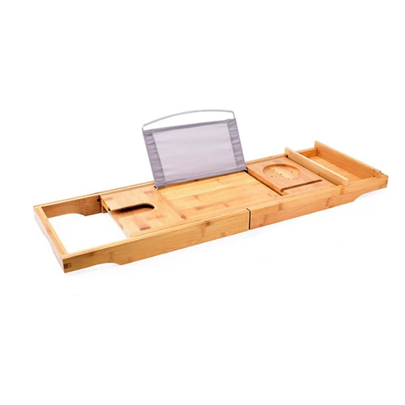 1 PCS Bamboo Expandable Bathroom Organizer Bathtub Storage Board With Cellphone Tablet And Wine Book Holder A