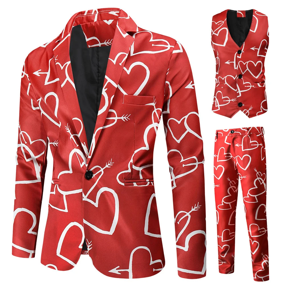 Valentine's Gift Men's Fashion Suit Three-Piece Sets Party Coat 3D Heart Printed Coat Vest Pants Suit Slim Fit Blazer Jacket Men