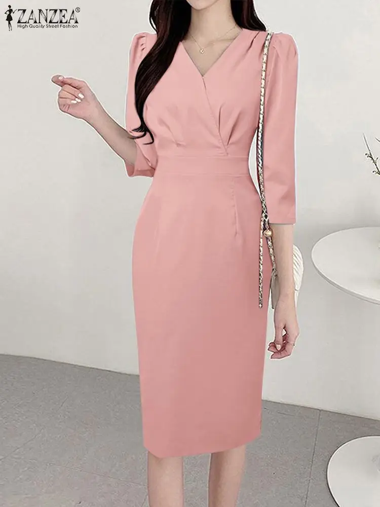 ZANZEA-Women-Summer-Elegant-OL-Work-Dress-Fashion-Solid-V-Neck-3-4 ...