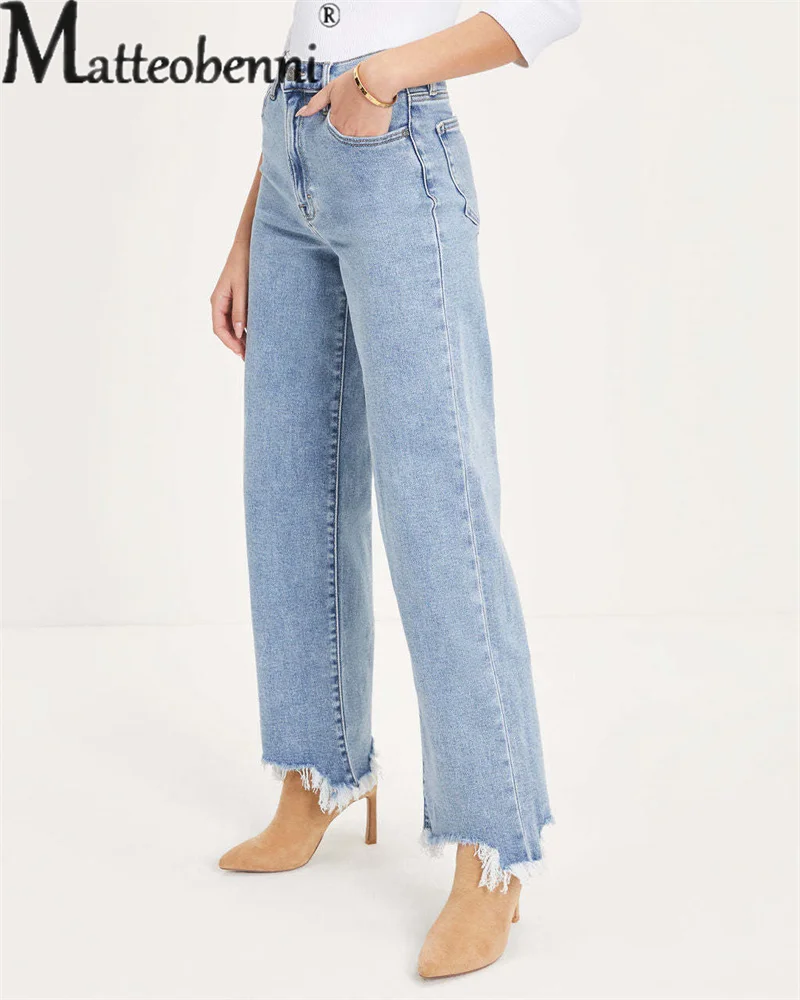 2023 Summer Simple Style Jeans Women's Trend Pants Leg Irregular Splicing Tassel Street Comfortable Casual Denim Trousers Female